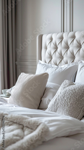 Close-up of a tufted headboard in a contemporary bedroom, scandinavian style interior