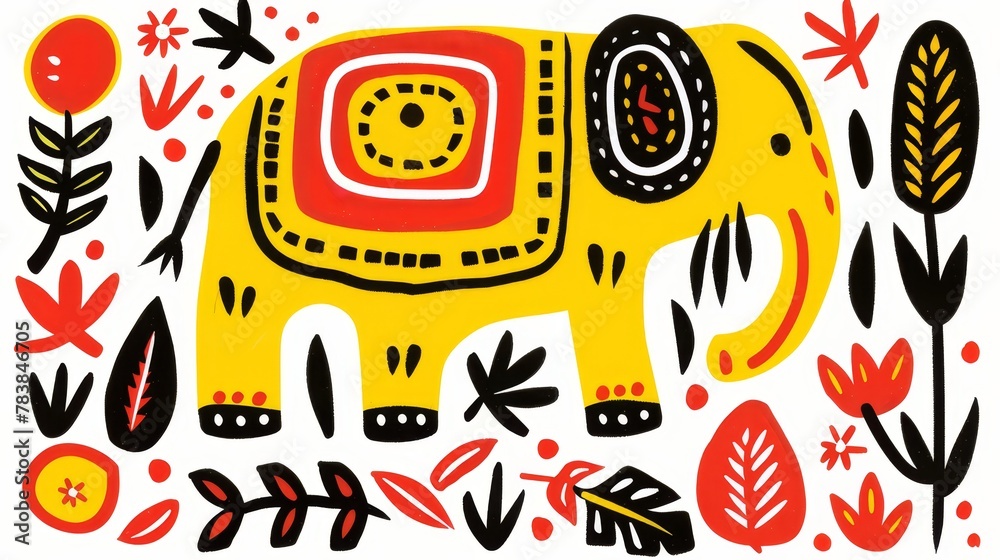 A elephant drawing in a field, surrounded by leaves and flowers on its flanks A elephant drawing in a field, surrounded by leaves and flowers on its flanks