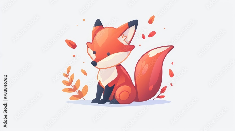Obraz premium Red fox on leaves pile, nearby green plant White background