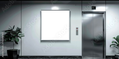 White blank digital advertising screen in an elevator with stainless steel door, A blank white billboard on white wall, Mock up Billboard Media Advertising Poster banner template