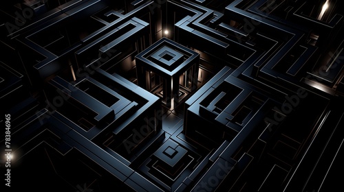 Captivating Geometric Maze of Interconnected Digital Pathways and Dark Futuristic Structures