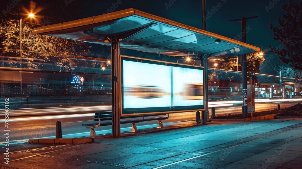 outdoor bus shelter Night city scene showing bus billboard, simulated light billboard