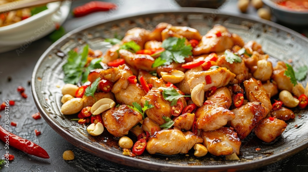 Chinese cuisine: Gongbao. pieces of chicken fillet fried with peanuts and chili pepper. 