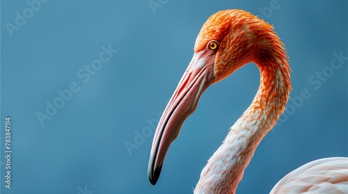 Close up of a beautiful pink flamingo standing alone in a lush, tropical forest by water