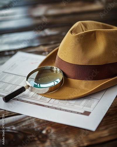 A detective hat and magnifying glass over a business plan, emphasizing the importance of curiosity and detailed investigation photo