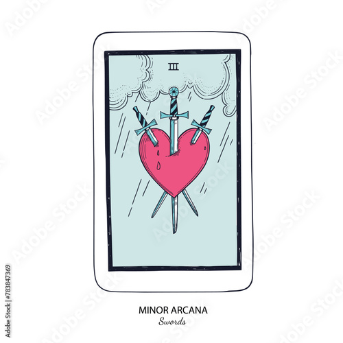 Tarot card vector deck . Minor Arcana Swords . Occult esoteric spiritual Tarot. Isolated colored hand drawn illustrations