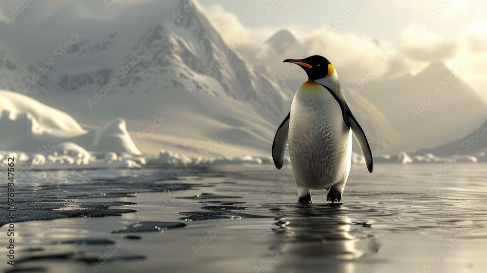 Obraz premium Emperor penguins walk across a molten landscape. Endangered species