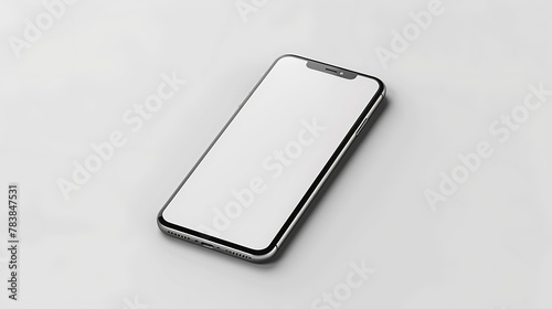 an iPhone with a blank white screen, standing on the floor against a solid grey background in a minimalist style.