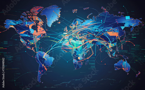 Abstract world map, concept of global network and connectivity, international data transfer and cyber technology, worldwide business, information exchange and telecommunication #783848162