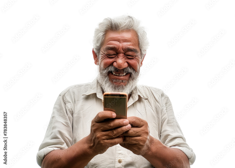 Joyful Senior with Phone on Transparent Joyful Senior with Phone on Transparent