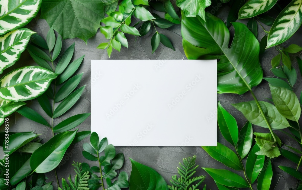 Tropical palm paper with box, envelope and white paper. Flat lay, nature concept, mockup Tropical palm paper with box, envelope and white paper. Flat lay, nature concept, mockup