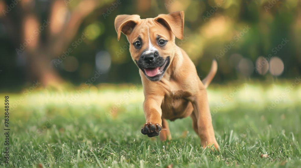 A dog running on the grass