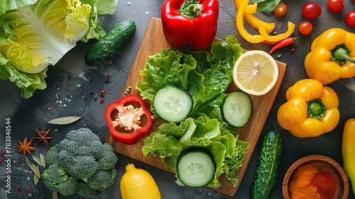 Top view of  various vegetables  including peppers  lettuce  cucumbers  and spices  arranged on a cutting board with a lemon.