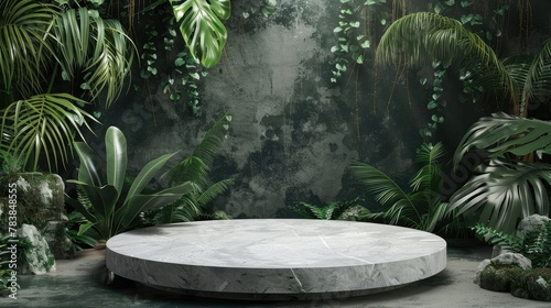 3D natural green product podium concept white perennial forest Cosmetics background, display stand, forest, studio, garden, beauty, presentation platform, simulation, tropical stone base