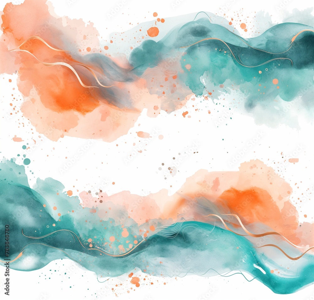 The image is a watercolor painting of a wave with a blue and orange background