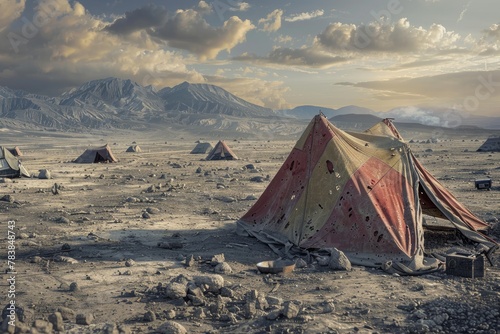 Post-apocalyptic survivor camp improvised shelters