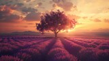 Lavender fields at sunset solitary tree