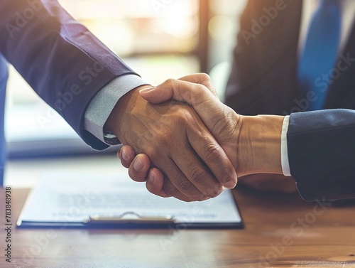 Two business leaders shaking hands over a table, finalizing an agreement after a productive conversation, emphasizing successful communication photo