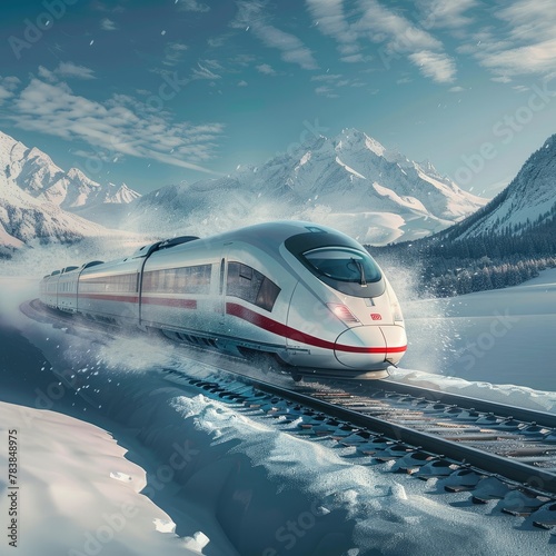 High-speed train slicing through a snowy landscape