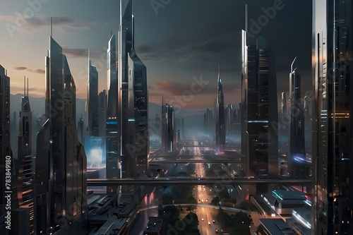 "Explore the endless possibilities of technology with a futuristic cityscape rendered in sleek, metallic tones."