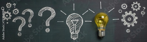 A chalkboard with a drawn light bulb and question marks around it, turning into gears and cogs, depicting the evolution of thought to innovation