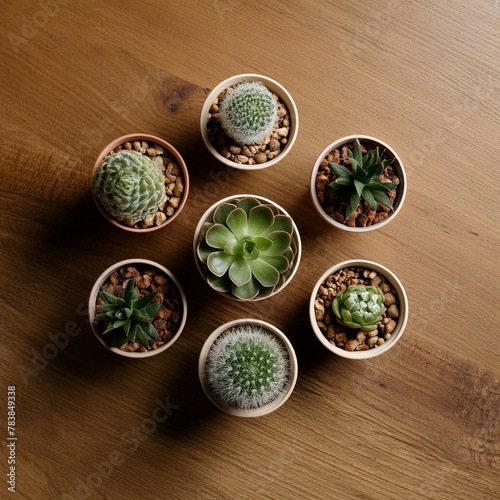 Rustic Elegance: Succulent Plants in Little Pots on Walnut Table