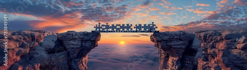 A bridge made of puzzle pieces connecting two cliffs, embodying teamwork, at sunrise