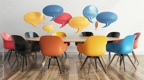 A roundtable with speech bubbles overlapping, symbolizing the integration of diverse viewpoints through team discussions