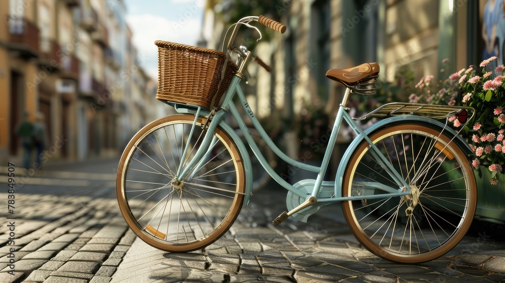 Retro style bicycle concept with basket on the road Retro style bicycle concept with basket on the road