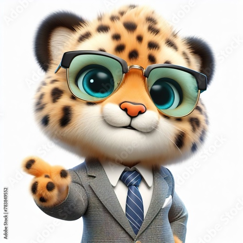 a cute Cheetah wearing suit and cool fashion eyeglasses   funny  happy  smile  white background