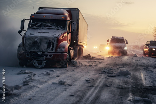 Winter Road Traffic Accident with Vehicles and a Damaged Truck