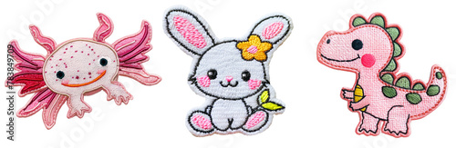 cute kawaii embroidered patch badge set on transparent background