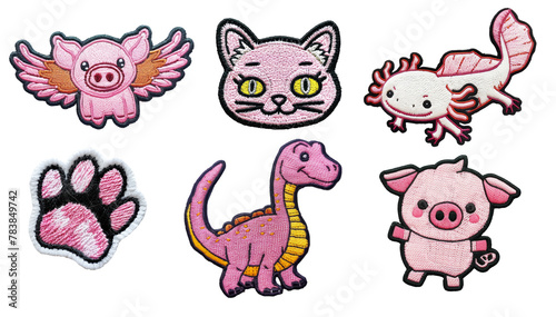 Cute kawaii embroidered patch badge set on transparent background