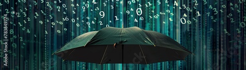 An umbrella open amidst a rain of falling numbers, representing financial protection and risk management in business