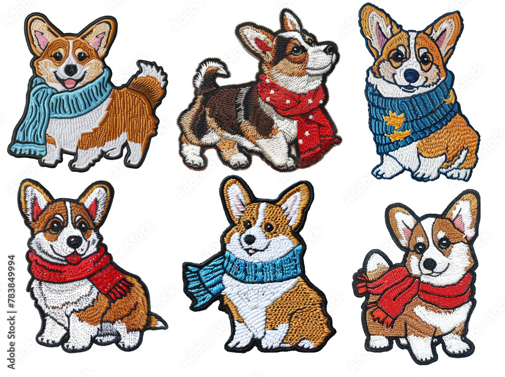 Cute corgi embroidered patch badge set on transparent background