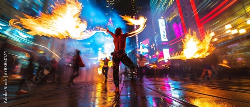 A street performance with a fire breather and jugglers against a city night backdrop, creating a dynamic urban entertainment scene photo