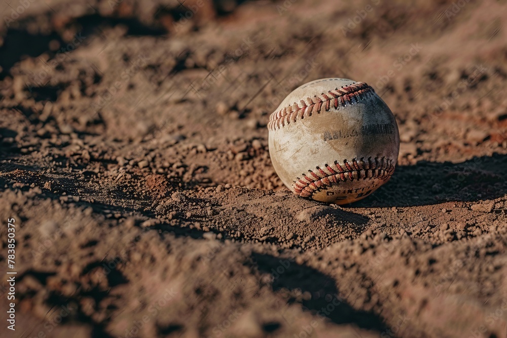 Detailed view of a baseball resting on the pitcher's mound, with the stitching sharply focused against the clay