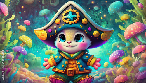 OIL PAINTING STYLE CARTOON CHARACTER Multicolored cute baby OCTOPUS in a pirate costume