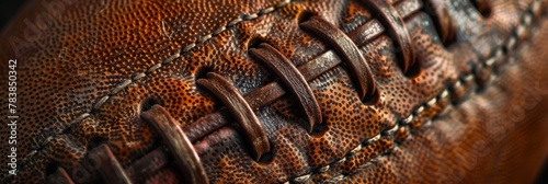 Detailed shot of an American football on the end zone line, focusing on the laces and pigskin texture photo