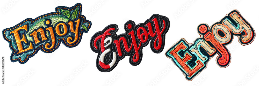 Obraz premium Enjoy text embroidered patch badge set on transparent background
