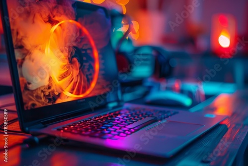 Overworked laptop on a desk, its fan casting a fiery hue as code compiles in the background