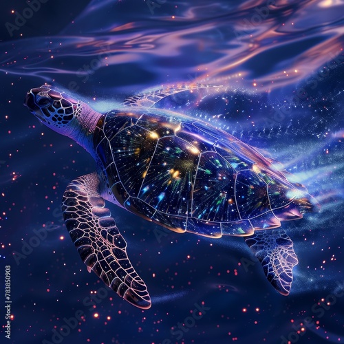 A majestic sea turtle swims through a sea of stars, its body adorned with glowing constellations. © Pawankorn