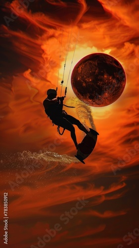 A man is kitesurfing on a red sea with a red moon in the background. © Pawankorn