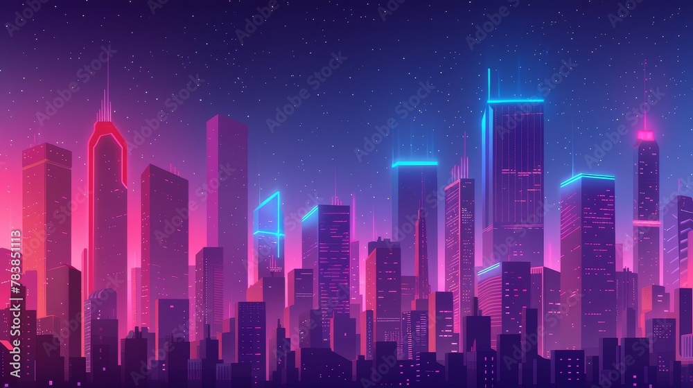 A digital painting of a cityscape at night. The colors are pink, purple, and blue. The style is retro and futuristic.