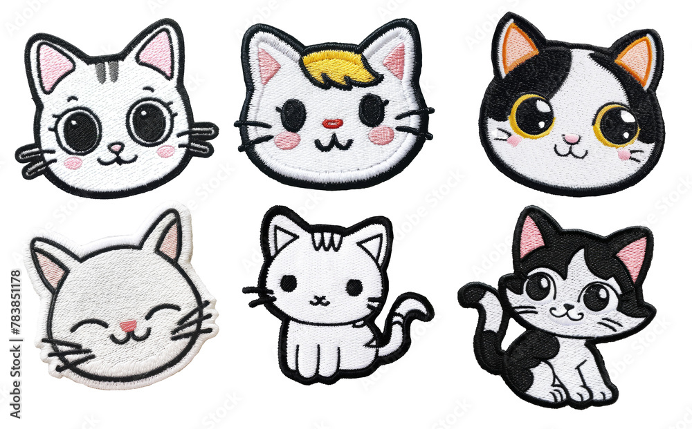 Cute kawaii cat embroidered patch badge set on transparent background.