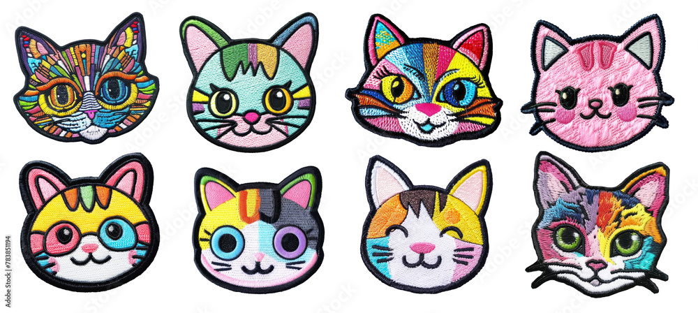Cute kitty face embroidered patch badge set on transparent background.