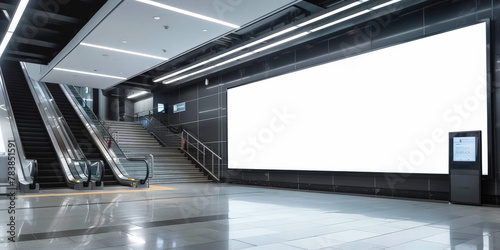 A mockup of an empty blank billboard on modern subway station, with a white blank screen on a digital display , Billboard Banner signage, poster 