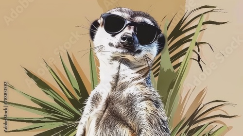  A meerkat wearing sunglasses, surrounded by palm leaves around its neck