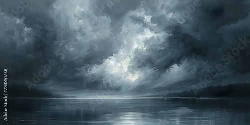 Gathering Storm Over Serene Lake Landscape with Dramatic Clouds and Reflection on Calm Waters