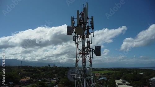 aerial view around of the telecommunication tower. Telecom tower antennas and satellite transmits the signals of cellular 5g 4g mobile signals
